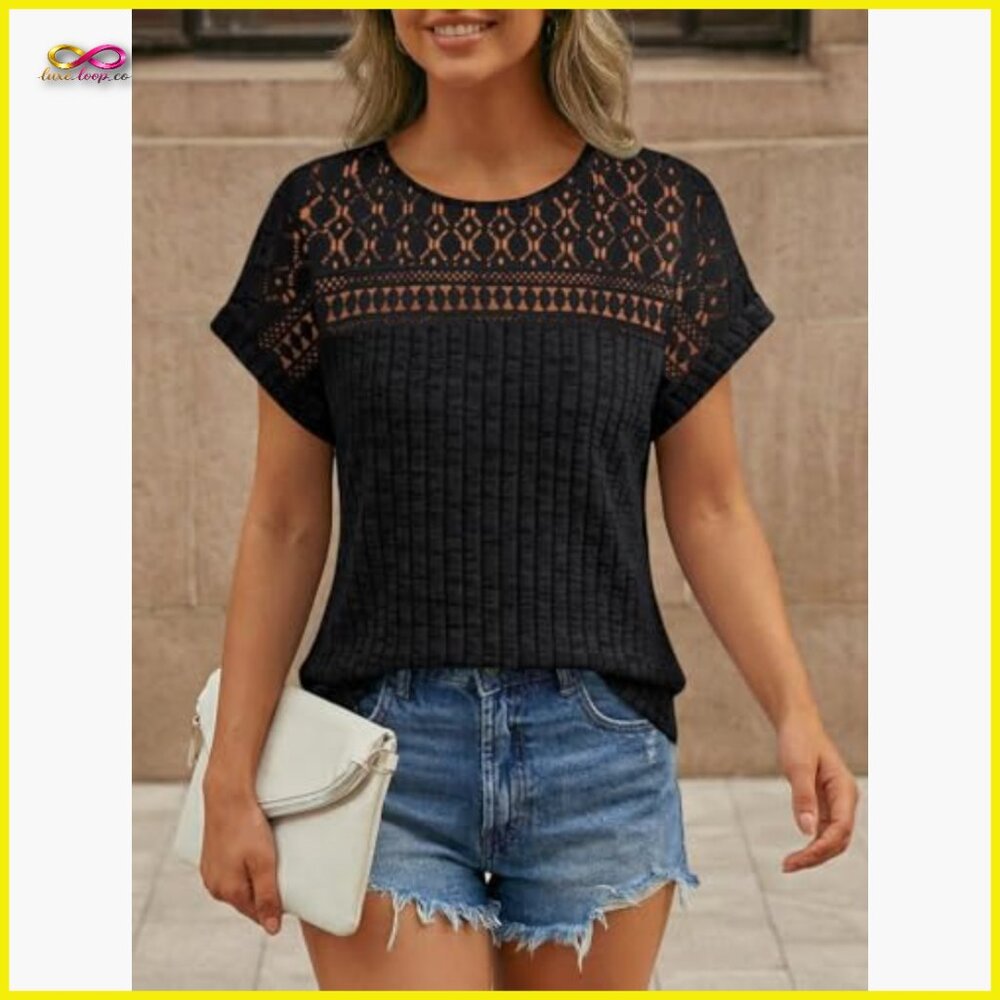 Lace Trim Tunic Top Loose Fit Short Sleeve Elegant Business Casual Spring Summer - Picture 5 of 6